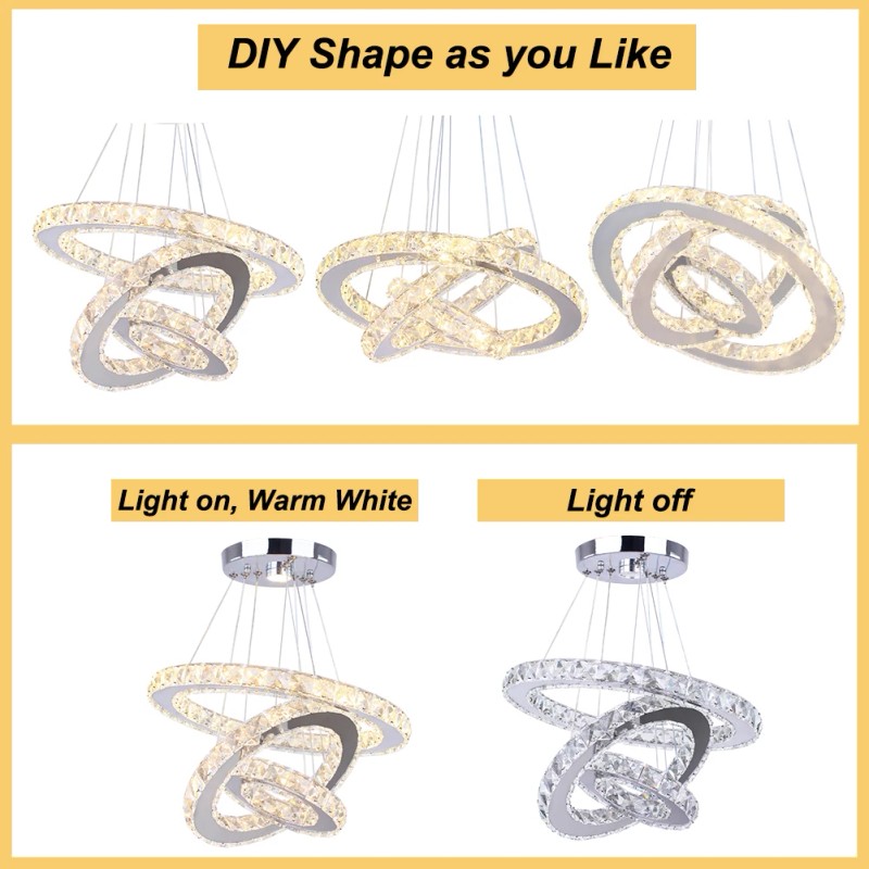 Dimmable LED K9 Crystal Chandelier 3-Ring Pendant Light with Remote