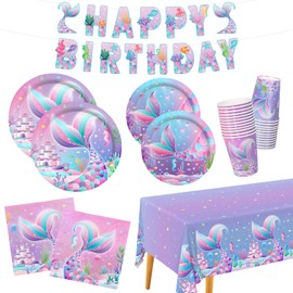 Mermaid Party Supplies Set for 25 Guests - Mermaid Birthday Decorations Kit Includes Dinner & Dessert Plates, Cups, Napkins, Banner & Tablecloth for Mermaid Themed 1st Birthday Party Decorations