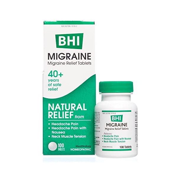 BHI Migraine Natural Headache & Migraine Relief 17 Powerful Multi-Symptom Homeopathic Active Ingredients - Non-Drowsy Remedy Helps Relieve Pain, Tension & Throbbing in Head, Eyes & Neck - 100 Tablets
