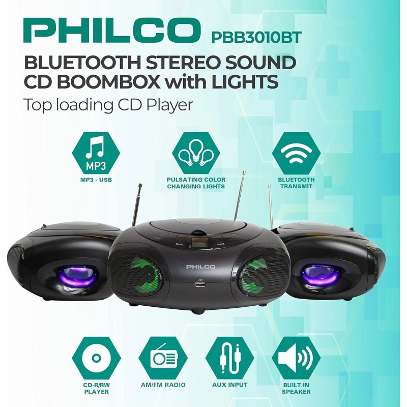 Philco Portable Bluetooth Boombox CD Player with AM/FM Radio and
