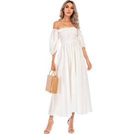 R.Vivimos Women Summer Half Sleeve Cotton Ruffled Vintage Elegant Backless A Line Flowy Long Dresses (Large, White-1)