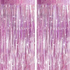 Pink Fringe Backdrop Curtains Party Decorations, Tinsel Streamers Birthday Decor for Sweet 16 Women, Foil Photo Booth Props for Wedding, Princess, Baby Shower, Bachelorette, 2Pack 3.28X6.56Ft