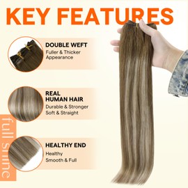Full Shine Sew In Hair Extensions Real Human Hair Invisible Weft Hair Extensions Color Light Brown To Platinum Blonde Mix Brown Weft Extensions Human Hair 100G 14 Inch