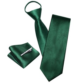 YOHOWA Emerald Green Zipper Ties for Men Solid Pre-Tied Tie with Tie Clip Extra Long Adjustable Necktie Pocket Square Set