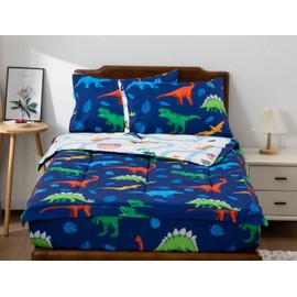 Meeting Story 3pcs Kids Comforter Sets Zipper Bedding Set for Boys,Full Kid Bedding Set Dinosaurs Comforter Leaves Bedding for Kid,All in one Zipper Bedding（Dark Blue,Full）