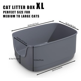 Gefryco Large Cat Litter Box with High Sided 24.6"x18.3"x12.2" - Jumbo Extra Large Open Anti - Splashing High Wall for Multiple Cats (Grey)