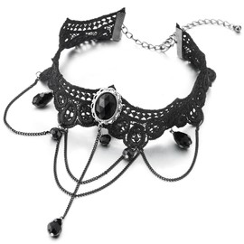 Gothic Victorian Nostalgic Ladies Black Choker Necklace with Black Teardrop Beads Charm Pendant(CA)