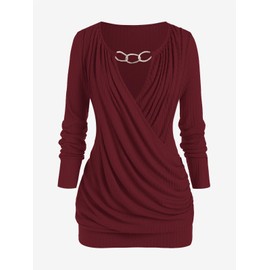 ROSE GAL ROSE GAL Rosegal Womens Plus Size Wide Ribbed Keyhole Cutout Chains Embellish Draped Ruched Surplice Wrap Long Sleeve Blouson Top(Red/4X)