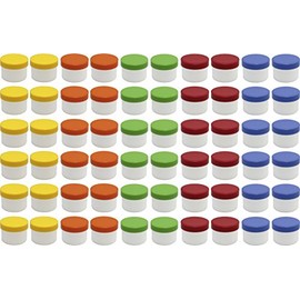 60 ointment containers, cream containers, ointment pot, flat, 35 ml contents with coloured lids, made in Germany