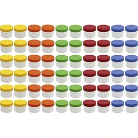 60 ointment containers, cream containers, ointment pot, flat, 35 ml contents with coloured lids, made in Germany