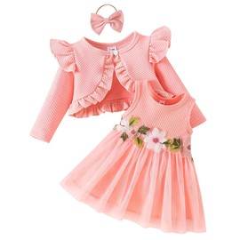 FYMNSI Baby Girl Floral Embroidery Sleeveless Dress with Cardigan Headband 3-Piece Set Party Dress Autumn Winter Party Dresses, pink