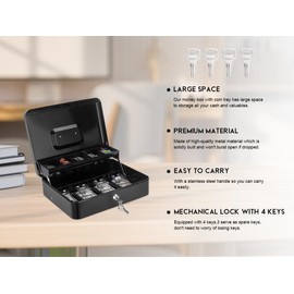 Cash Box with Key Lock, Large Metal Safe Money Organizer - Locking Box for Cash Register Storage - 4 Keys, 11.8"x9.45"x3.54"