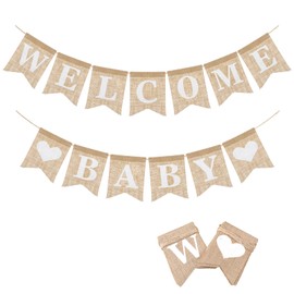 Welcome Baby Burlap Banner Flags, Pre-Strung Burlap Welcome Baby Arrival Banners, Adorable Newborn Shower Decoration Banners, Elegant Newborn Birth Announcement Sign for Boy and Girl