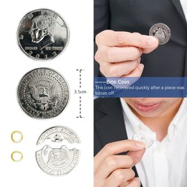 Neliky Juego de trucos mágicos que incluye 4 trucos clásicos, monedas de mordida, galletas de mordida, punta de pulgar falsa de seda desaparecida, cadenas de anillo mágico para calles juego de