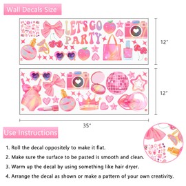 Yovkky Pink Let's Go Party Wall Decals Stickers, Coquette Girls Cosmetics Accessories Disco Ball Camera Toddlers Nursery Decor, Dress Bag Princess Crown Birthday Home Decorations Kids Bedroom Art