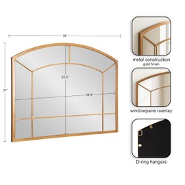 Kate and Laurel Gervais Traditional Wide Arched Window Mirror, 36 x 27, Antique Gold, Vintage Window Pane Arch Mirror for Use as Statement Mantel Mirror or Decorative Bedroom Mirror