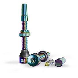 Shredr. Tubeless valve set, oilslick, Presta valves for tubeless tyres, super light aluminium, rainbow anodised, French valve, 44 mm for normal tubeless rims
