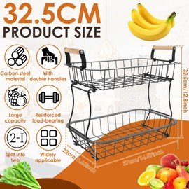 YMKWZ Fruits Stand Holder Organizer Detachable Metal Storage Basket Fruits Stand Solid 2 Tiers Fruits Vegetables Basket with Convenient Handle Versatile Vegetable Storage Basket for Kitchens