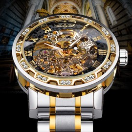 FORSINING Watch for Men, Retro Steampunk Skeleton Mechanical Wrist Watch with Blue Diamond and Royal Carving, Elegant Neutral Clock (Silver Black)