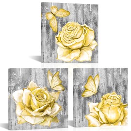 sechars Yellow and Grey Flower Wall Art Floral with Butterfly Paintings Canvas Prints Modern Bathroom Bedroom Decor Artwork (Yellow)