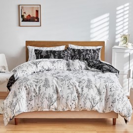 Joyreap 7 Piece Bed in a Bag, Botanical Bedding Set King Size Comforter Set for All Season- Black n White Reversible Design- 1 Comforter, 2 Pillow Shams, 1 Flat Sheet, 1 Fitted Sheet, 2 Pillowcases