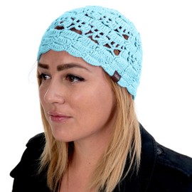 Hand Knit Crochet Beanies for Women Breathable Soft Bamboo Cotton Cooling Sleep Chemo Cap Handmade (Cyan-ShellStich)