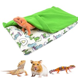 Bearded Dragon Hammock Sleeping Bag Set- Hanging Pet Bed with Pillow and Blanket Hideout Habitat with Soft Warm for Bearded Dragon Lizard Leopard Gecko and Small Pet Animal（Beige + green Quilt）
