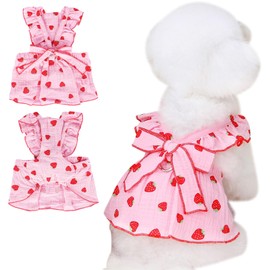 Kunyeah Girl Dog Dresses Pet Strawberries Princess Dress Summer Sleeveless Puppy Clothes Cat Bow Decor Costume with Leash Ring Breathable Vest for Small Medium Pet (Pink, XL)