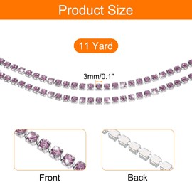 QUARKZMAN 11 Yard Crystal Rhinestone Close Chain Trim, Crystal Rhinestone Diamond Strips für DIY, Rhinestone Bling Sewing Embellishments, Light Purple Rhinestone with Silver Base