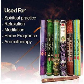 Six Most Popular Hem Incense Scents, 120 Sticks Total, with Free Burner - 20 Sticks Each of Lemongrass, Lavender, Egyptian Jasmine, Ambar Sandalo, Opium, Eucalyptus.