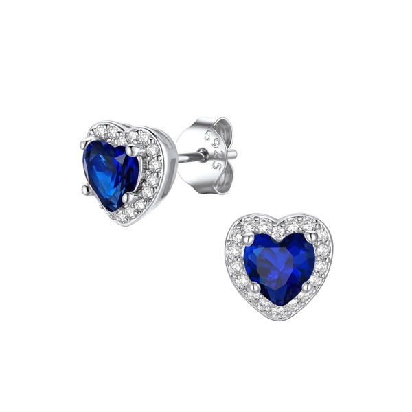 Silver Sapphire Stud Earrings for Women Cute Heart Studs September