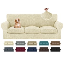 MAXIJIN 4 Pieces Sofa Cover Couch Covers for 3 Cushion Couch Sofa Slipcover, Dogs Pet Friendly Furniture Protector with Bottom Strap, Washable Leaf Pattern Fabric (71"-91", Light Beige)