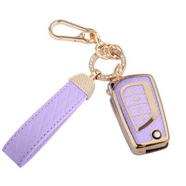 Seedwee for Toyota 4 Buttons Key Fob Cover, Soft TPU Keys Protector Bling Key Fob Keychain for Fortuner Tundra Camry RAV4 Highlander Challenger Key Shell, Gold Purple