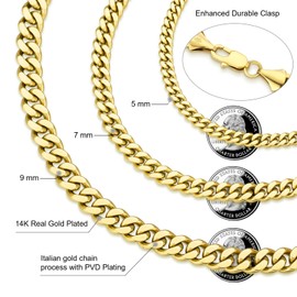 KRKC&CO Cadena Para Hombre, Cadenas Cubana de Oro 18k Chapada/ Plata, Cadena de Acero Inoxidable, Collar Hombre de Estilo Casual Hiphop 2/3/4/5/9mm de Ancho, 46-61cm de Largo, Regalo para Hombre Mujer (9mm-gold-24in)