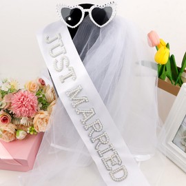 Pearl Just Married Sash + Veil + Heart Bride Sunglasses Set Bachelorette Party Decorations Bridal Shower Engagement Party Decorations