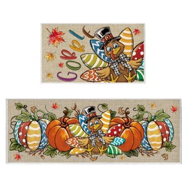SEGXCFL Thanksgiving Kitchen Mat Set of 2 Fall Kitchen Runner Rug for Floor Pumpkin Turkey Non Slip Waterproof Washable Kitchen Decor for Home Office Bathroom Party Decor
