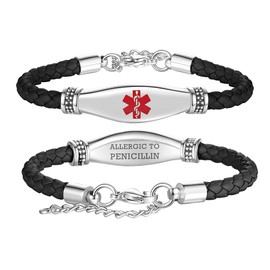 LinnaLove Medical Alert Bracelets for Women Beautiful Female Leather Medical ID Bracelets with Free Engraving (Black,Allergic to PENICILLIN)