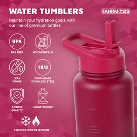 FAHRMOSIS 40 Oz Water Bottle with Strap Stainless Steel Sports Water Bottle with 3 Lids (Straw, Chug and Flip Lid) Insulated Leak Proof Metal Jug for Men & Women - Red Fusion