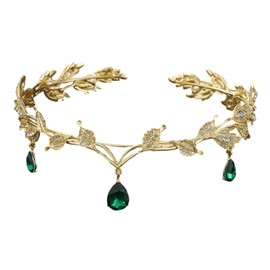 Yuqilin Elf Crown Tiara Elf Headpiece Leaf Crystal Crown Elf Cosplay Fairy Costume Women's Headband Green Tiara Gold for Women Girls Cosplay Renaissance Bride Bridesmaids, Metal Rhinestone