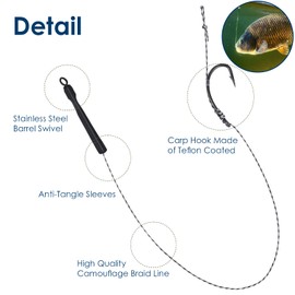 Luroad Hair Rigs For Carp Fishing, 20 Pcs Curved Carp Rigs Hook Anti-Tangle Swivel Braided line with 3 Card Boilie Bait Stops Dumbell Stoppers and Stringer Needle (Barbed, 4 Packs (Size 8#))