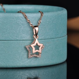 Yumilok Jewelry 925 Sterling Silver Cubic Zirconia Rose Gold Plated Double Hollow Stars Pendant Necklace for Women/Girls