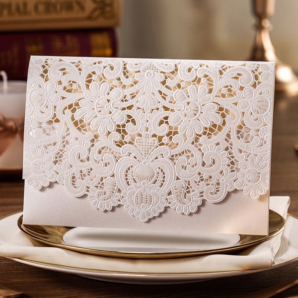 Jofanza 5x7.3 Inch 50PCS White Laser Cut Wedding Invitations with Embossed Lace Floral Invitation for Wedding Invites