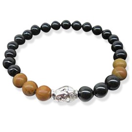 Buddha Bracelet, Mens Black Obsidian & Wood Texture Stone Bracelet Silver Buddha Men Bracelet Mens Energy Black Obisidian Protectio