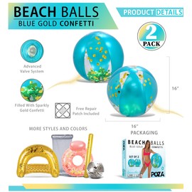 POZA Inflatable Beach Balls for Pool - Elegant Glitter Beach Balls for Kids, Teens, and Adults, Heavy Duty Inflatable Beach Ball Set of 2, Pool Balls for Beach Party Decoration - Blue Gold, 16 Inches