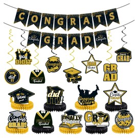 2025 Gold Themed Graduation Decorations Set, Congrats Grad Banner, Graduation Hanging Swirl and Honeycomb Supplies for Party