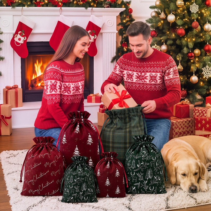 6 Pcs Christmas Tree Drawstring Gift Bags, 10" 16" 20"