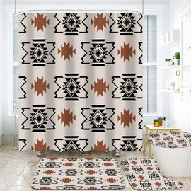 Pretyw 4-Piece Western Aztec Shower Curtain Set Geometric Vintage Bathroom Set with Shower Curtain and Rugs, Boho Abstract Pattern Bath Curtain with Hooks for Home Decor