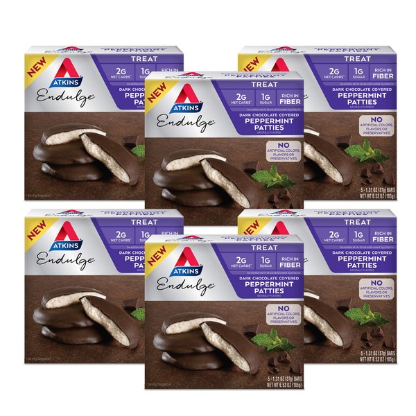 Atkins Endulge Treat Dark Chocolate Covered Peppermint Patties, Keto Friendly and Gluten Free, (Each 5 Count of 1.31 oz Bars) 6.53 oz, Pack of 6
