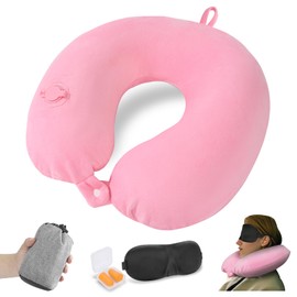 JetsCush Aeroplane Inflatable Neck Pillow, Travel Pillow, Compact Neck Pillow, Inflatable with Sleeping Mask and Earplugs, Lightweight Neck Pillow for Adults, for Plane, Train, Office, Pink