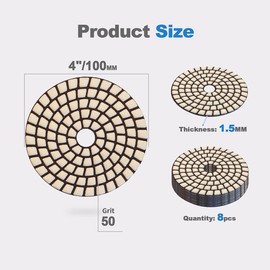 Dry Diamond Polishing Pads - 8pcs 4 inch #50 Sanding Pads Kit for Granite Marble Ceramic Used on Angle Grinder or Polisher